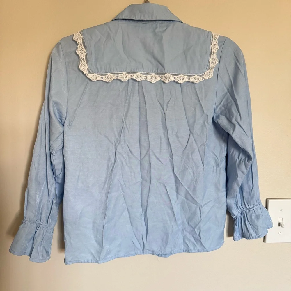 Vintage Light Blue Satin Lace Collar Blouse Button Shirt Girls Size 8 - 10